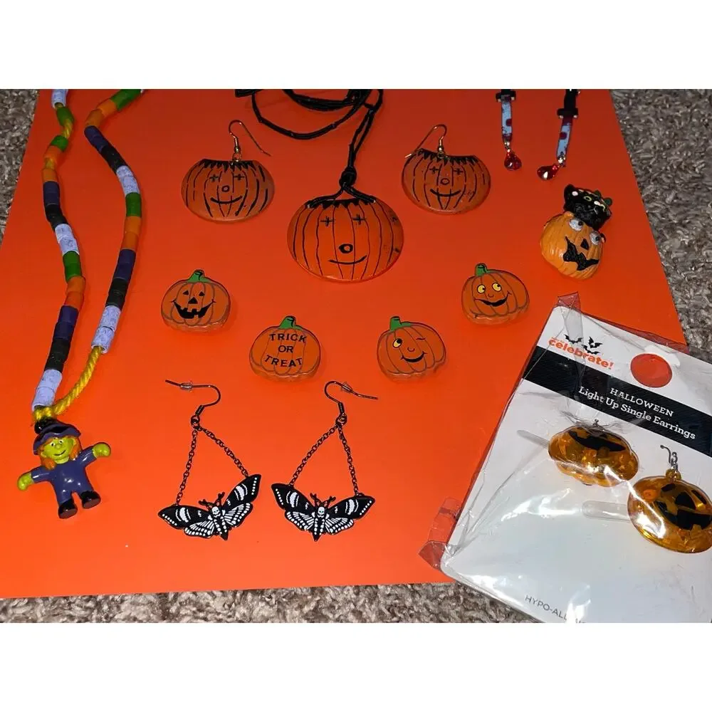 Halloween Costume Jewelry Lot Pumpkin Skull Bat Knife Witch Earrings Necklace